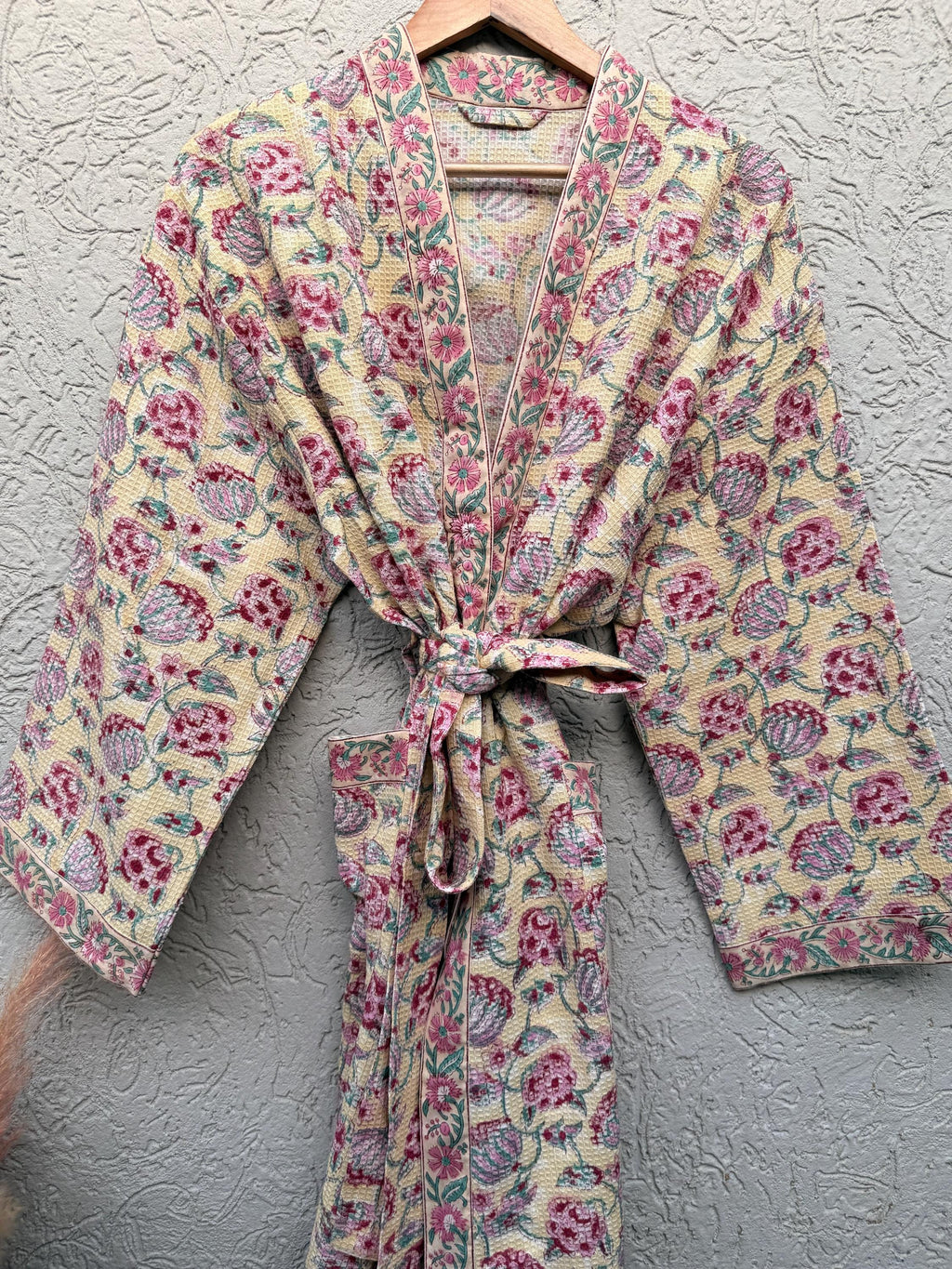 Hand Block Print Waffle Bathrobe for Women | Floral Cotton Kimono Robe | Lightweight Spa Robe | Soft Summer Loungewear | Bridal Gift Robe