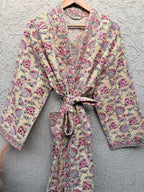 Hand Block Print Waffle Bathrobe for Women | Floral Cotton Kimono Robe | Lightweight Spa Robe | Soft Summer Loungewear | Bridal Gift Robe