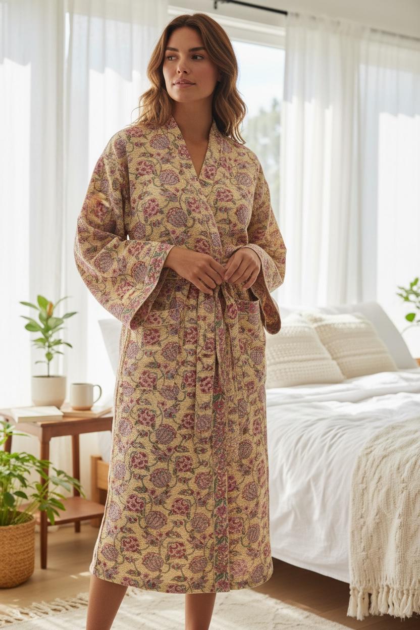 Hand Block Print Waffle Bathrobe for Women | Floral Cotton Kimono Robe | Lightweight Spa Robe | Soft Summer Loungewear | Bridal Gift Robe