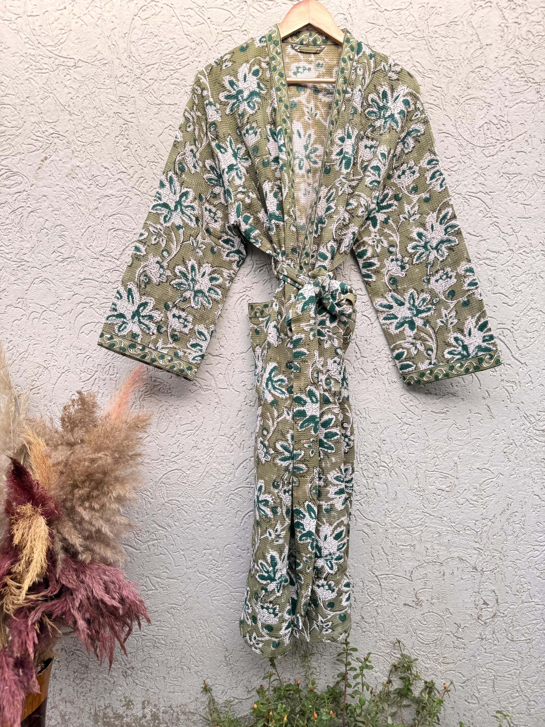 Hand Block Print Waffle Bathrobe | Green Floral Cotton Kimono Robe | Lightweight Spa Robe for Women | Soft Lounge Wear | Bridal Gift Robe