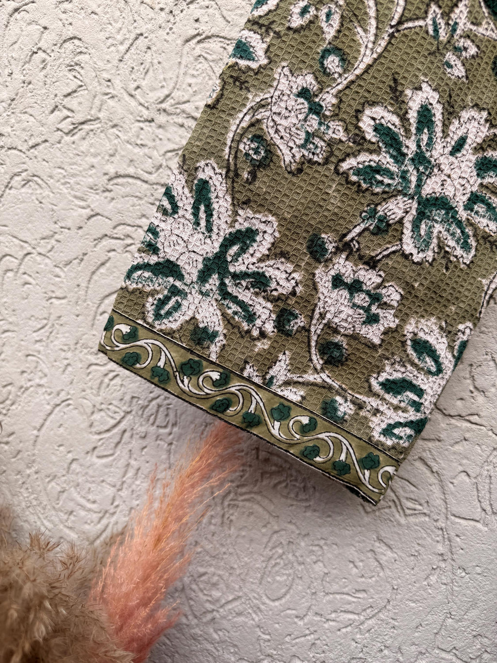 Hand Block Print Waffle Bathrobe | Green Floral Cotton Kimono Robe | Lightweight Spa Robe for Women | Soft Lounge Wear | Bridal Gift Robe