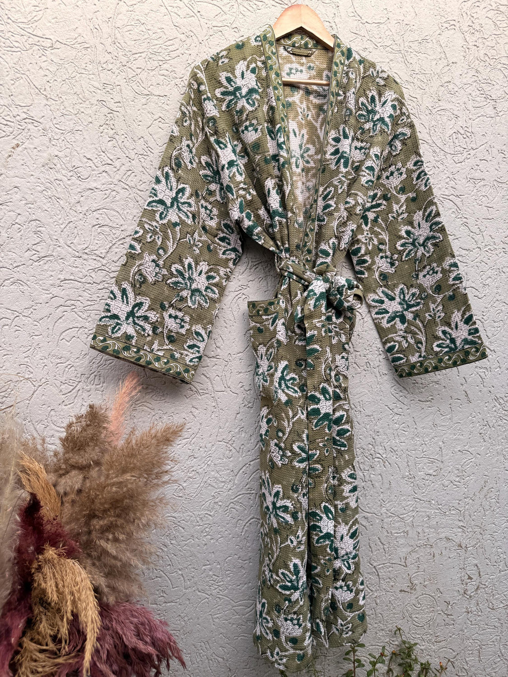 Hand Block Print Waffle Bathrobe | Green Floral Cotton Kimono Robe | Lightweight Spa Robe for Women | Soft Lounge Wear | Bridal Gift Robe