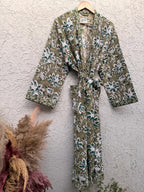 Hand Block Print Waffle Bathrobe | Green Floral Cotton Kimono Robe | Lightweight Spa Robe for Women | Soft Lounge Wear | Bridal Gift Robe