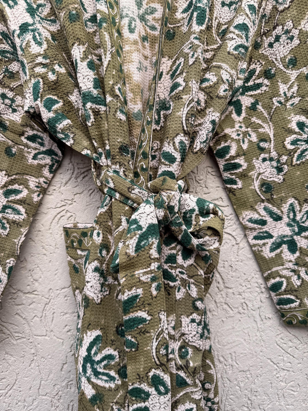 Hand Block Print Waffle Bathrobe | Green Floral Cotton Kimono Robe | Lightweight Spa Robe for Women | Soft Lounge Wear | Bridal Gift Robe