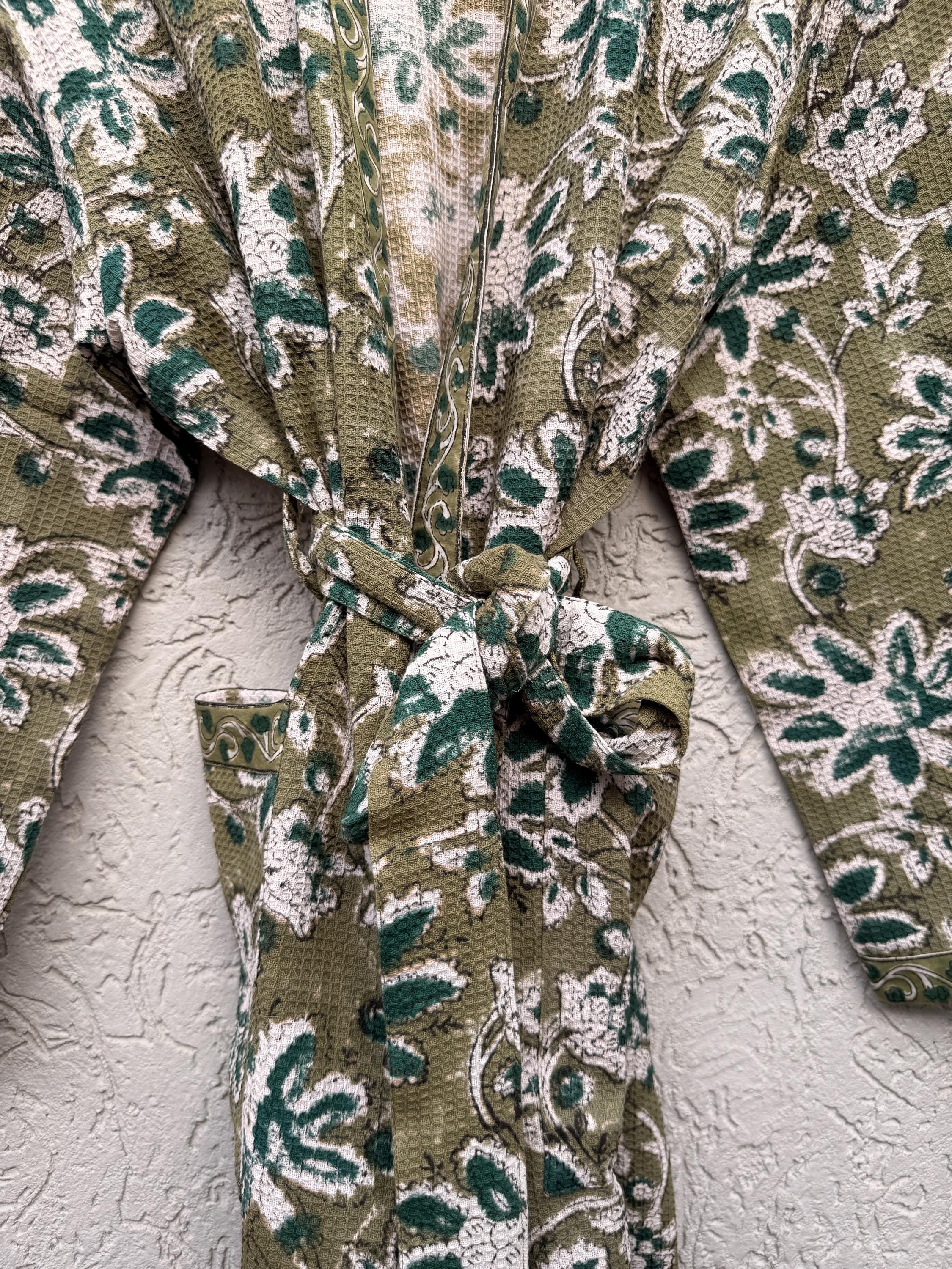 Hand Block Print Waffle Bathrobe | Green Floral Cotton Kimono Robe | Lightweight Spa Robe for Women | Soft Lounge Wear | Bridal Gift Robe