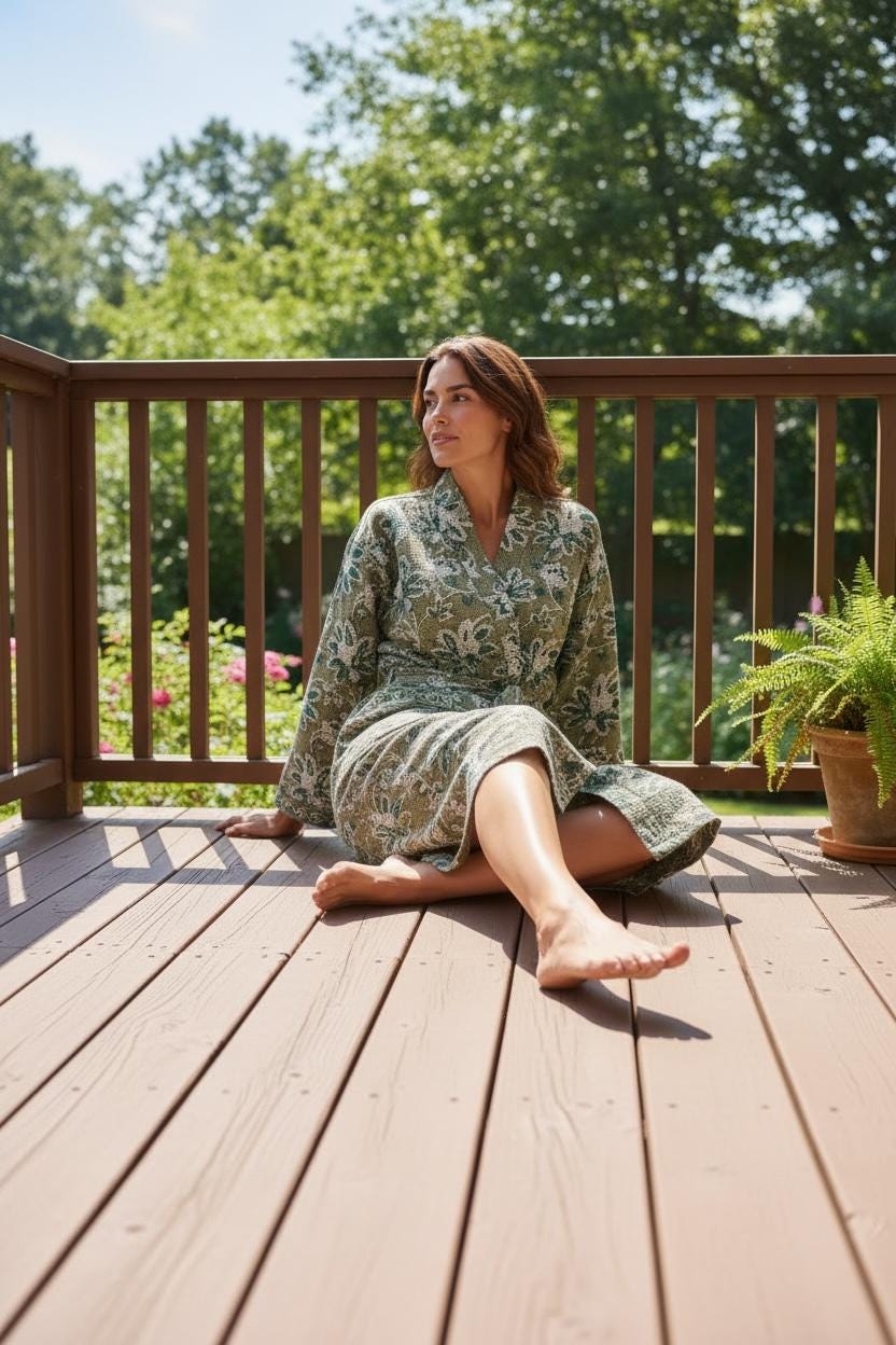 Hand Block Print Waffle Bathrobe | Green Floral Cotton Kimono Robe | Lightweight Spa Robe for Women | Soft Lounge Wear | Bridal Gift Robe