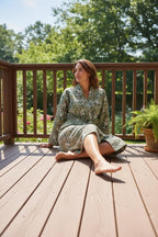 Hand Block Print Waffle Bathrobe | Green Floral Cotton Kimono Robe | Lightweight Spa Robe for Women | Soft Lounge Wear | Bridal Gift Robe