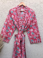 Hand Block Printed Cotton Bathrobe – Pink Floral Kimono Robe – Lightweight Boho Dressing Gown – Soft Spa Robe – Bridesmaid Gift –