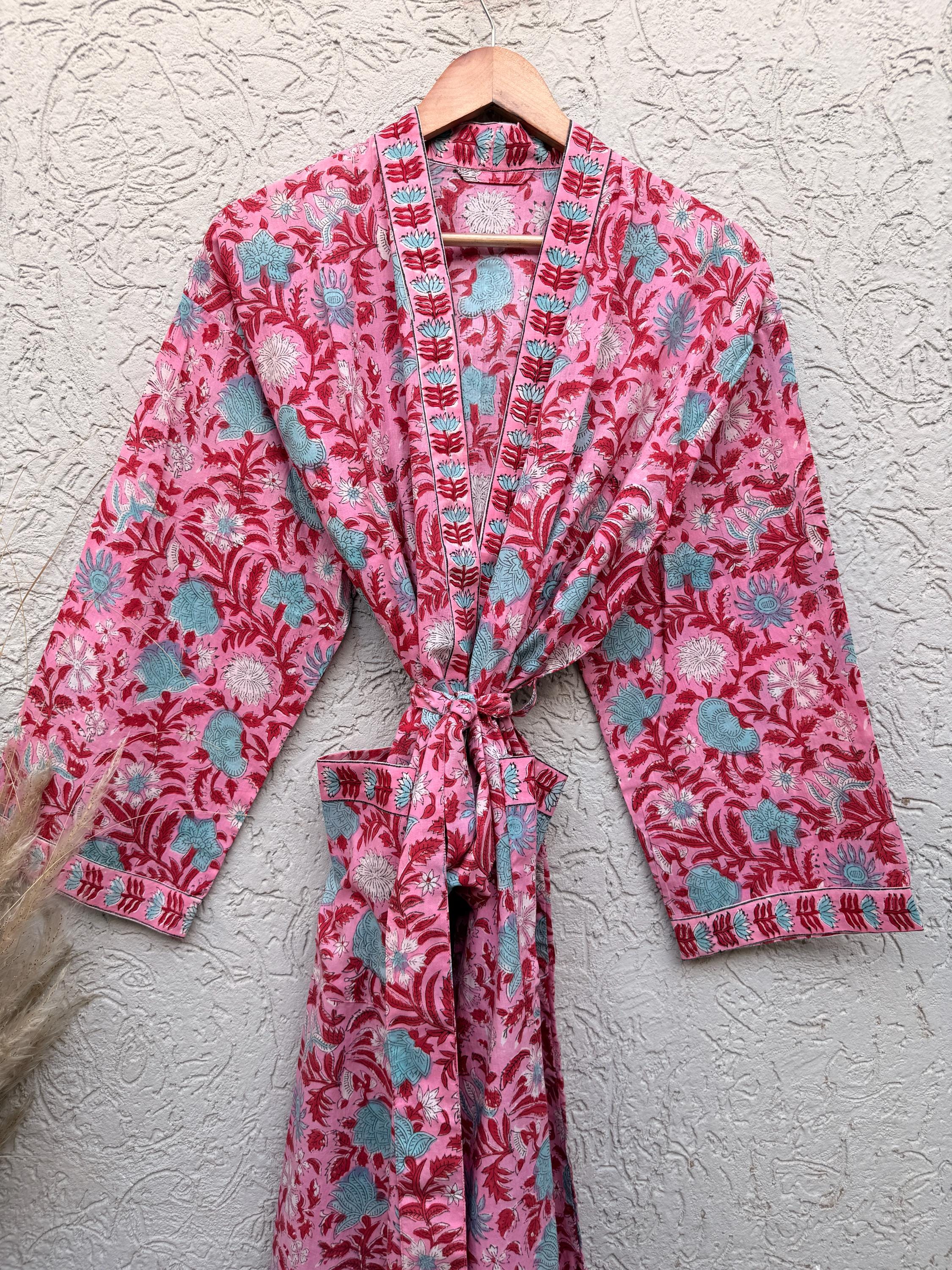 Hand Block Printed Cotton Bathrobe – Pink Floral Kimono Robe – Lightweight Boho Dressing Gown – Soft Spa Robe – Bridesmaid Gift –