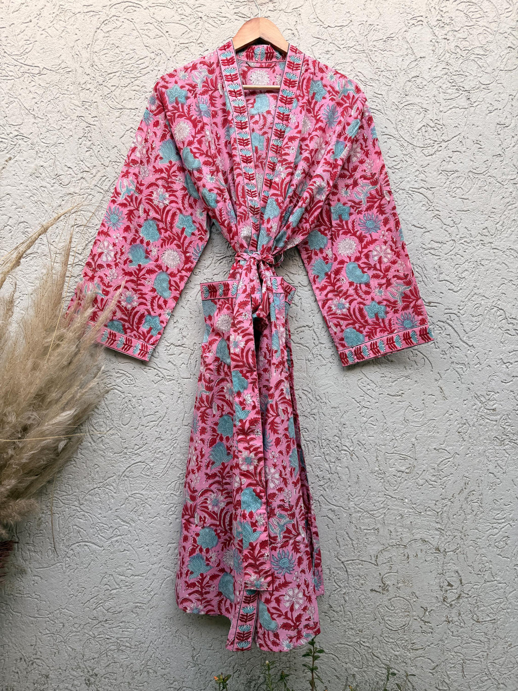Hand Block Printed Cotton Bathrobe – Pink Floral Kimono Robe – Lightweight Boho Dressing Gown – Soft Spa Robe – Bridesmaid Gift –