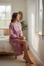 Hand Block Printed Cotton Bathrobe – Pink Floral Kimono Robe – Lightweight Boho Dressing Gown – Soft Spa Robe – Bridesmaid Gift –