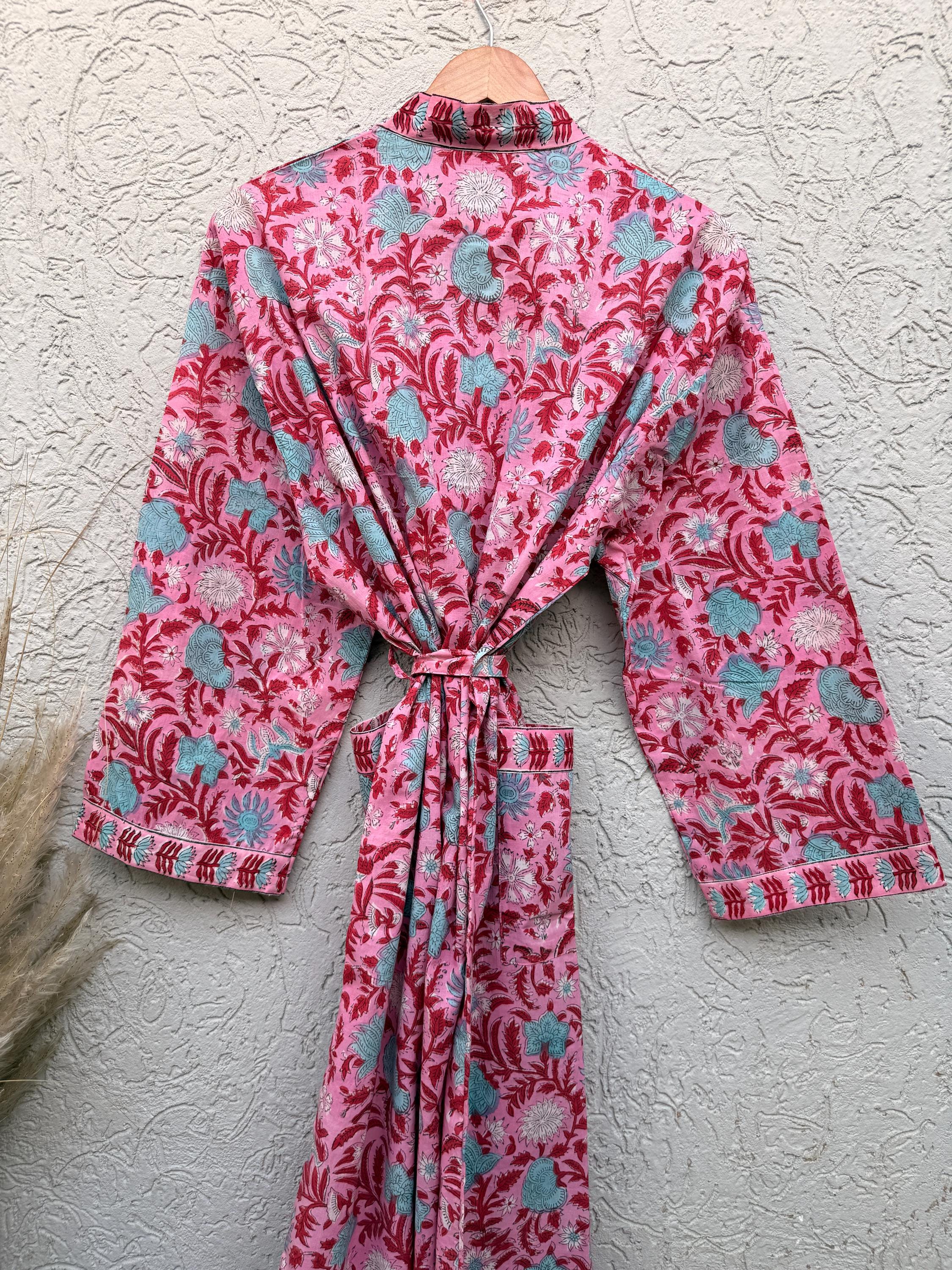 Hand Block Printed Cotton Bathrobe – Pink Floral Kimono Robe – Lightweight Boho Dressing Gown – Soft Spa Robe – Bridesmaid Gift –