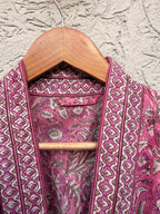 Hand Block Printed Cotton Bathrobe – Pink & White Floral Kimono Robe – Lightweight Boho Dressing Gown – Soft Spa Robe – Summer Loungewear