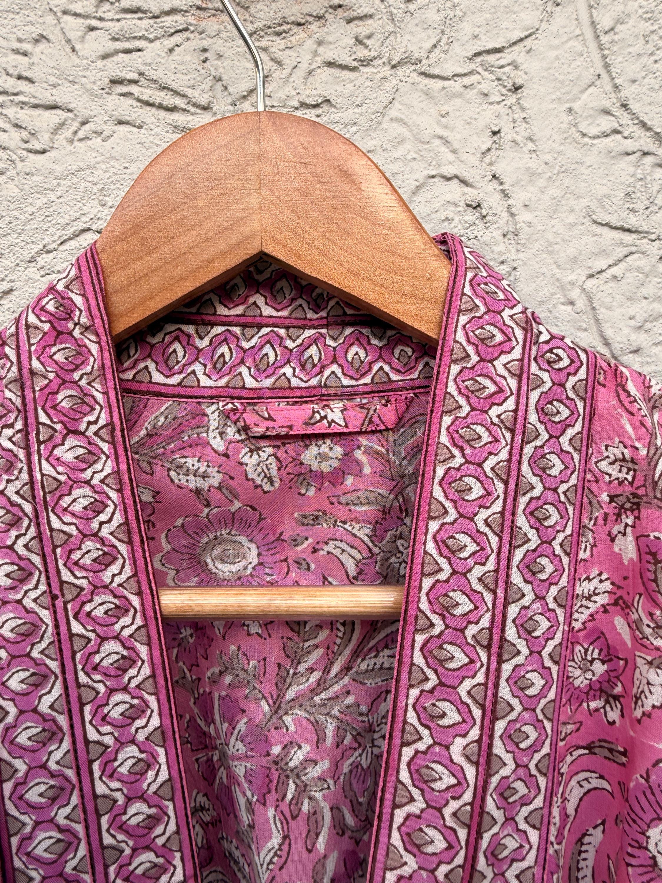 Hand Block Printed Cotton Bathrobe – Pink & White Floral Kimono Robe – Lightweight Boho Dressing Gown – Soft Spa Robe – Summer Loungewear