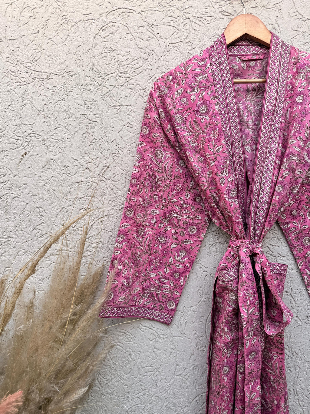 Hand Block Printed Cotton Bathrobe – Pink & White Floral Kimono Robe – Lightweight Boho Dressing Gown – Soft Spa Robe – Summer Loungewear