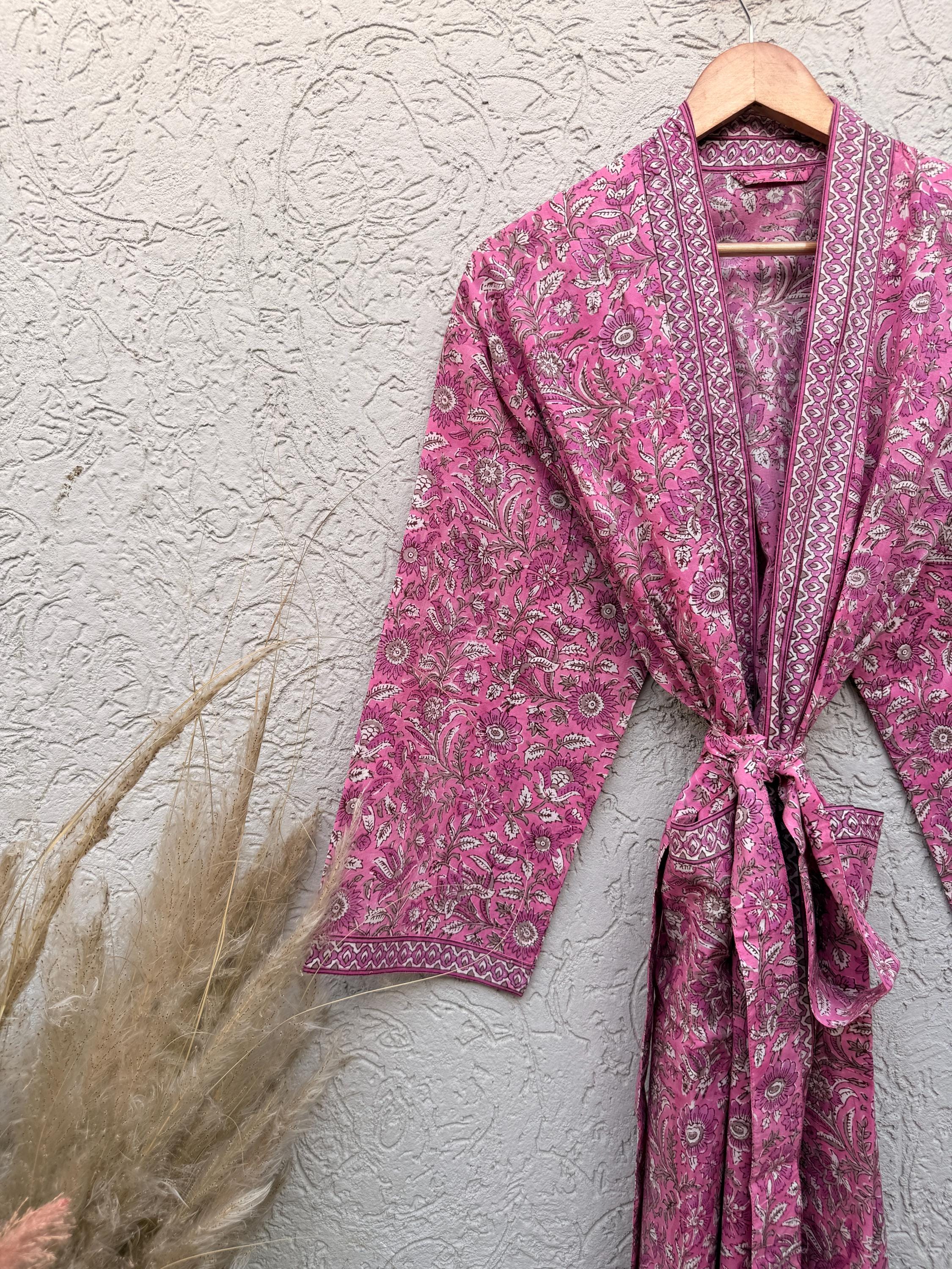 Hand Block Printed Cotton Bathrobe – Pink & White Floral Kimono Robe – Lightweight Boho Dressing Gown – Soft Spa Robe – Summer Loungewear