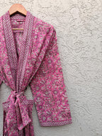Hand Block Printed Cotton Bathrobe – Pink & White Floral Kimono Robe – Lightweight Boho Dressing Gown – Soft Spa Robe – Summer Loungewear