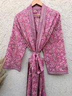 Hand Block Printed Cotton Bathrobe – Pink & White Floral Kimono Robe – Lightweight Boho Dressing Gown – Soft Spa Robe – Summer Loungewear