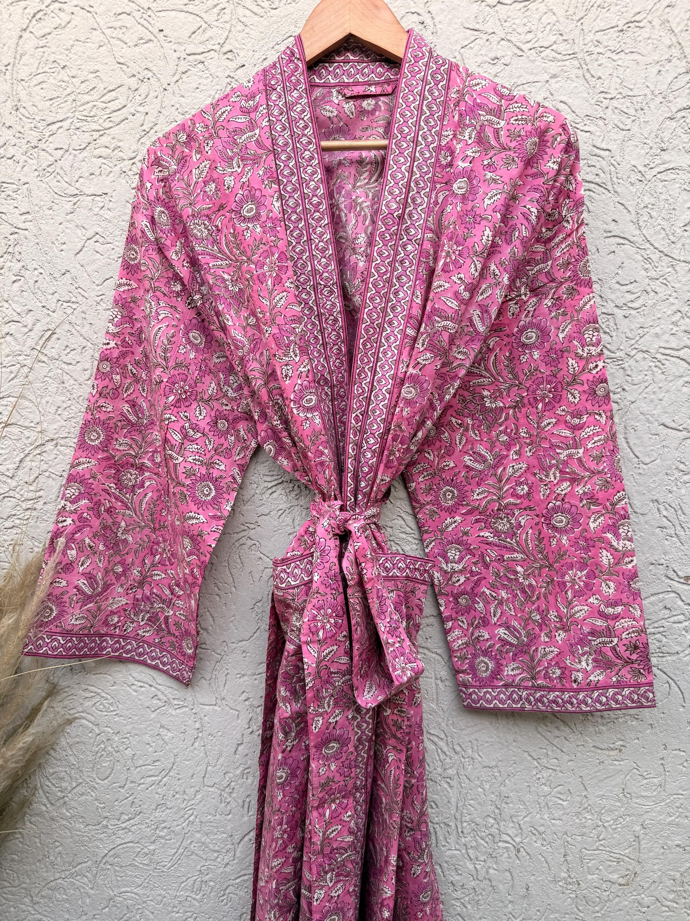 Hand Block Printed Cotton Bathrobe – Pink & White Floral Kimono Robe – Lightweight Boho Dressing Gown – Soft Spa Robe – Summer Loungewear