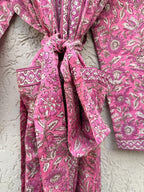 Hand Block Printed Cotton Bathrobe – Pink & White Floral Kimono Robe – Lightweight Boho Dressing Gown – Soft Spa Robe – Summer Loungewear