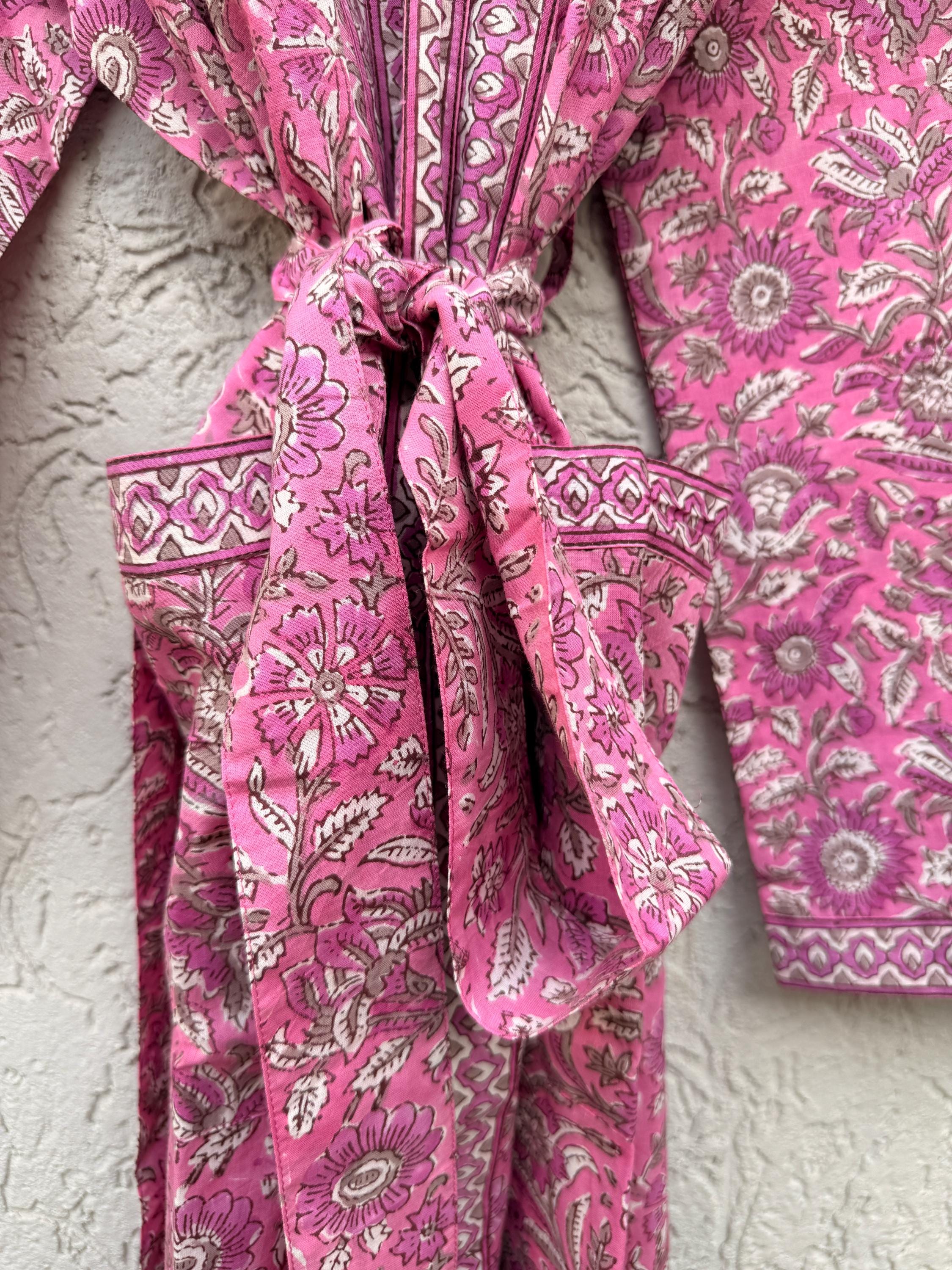 Hand Block Printed Cotton Bathrobe – Pink & White Floral Kimono Robe – Lightweight Boho Dressing Gown – Soft Spa Robe – Summer Loungewear