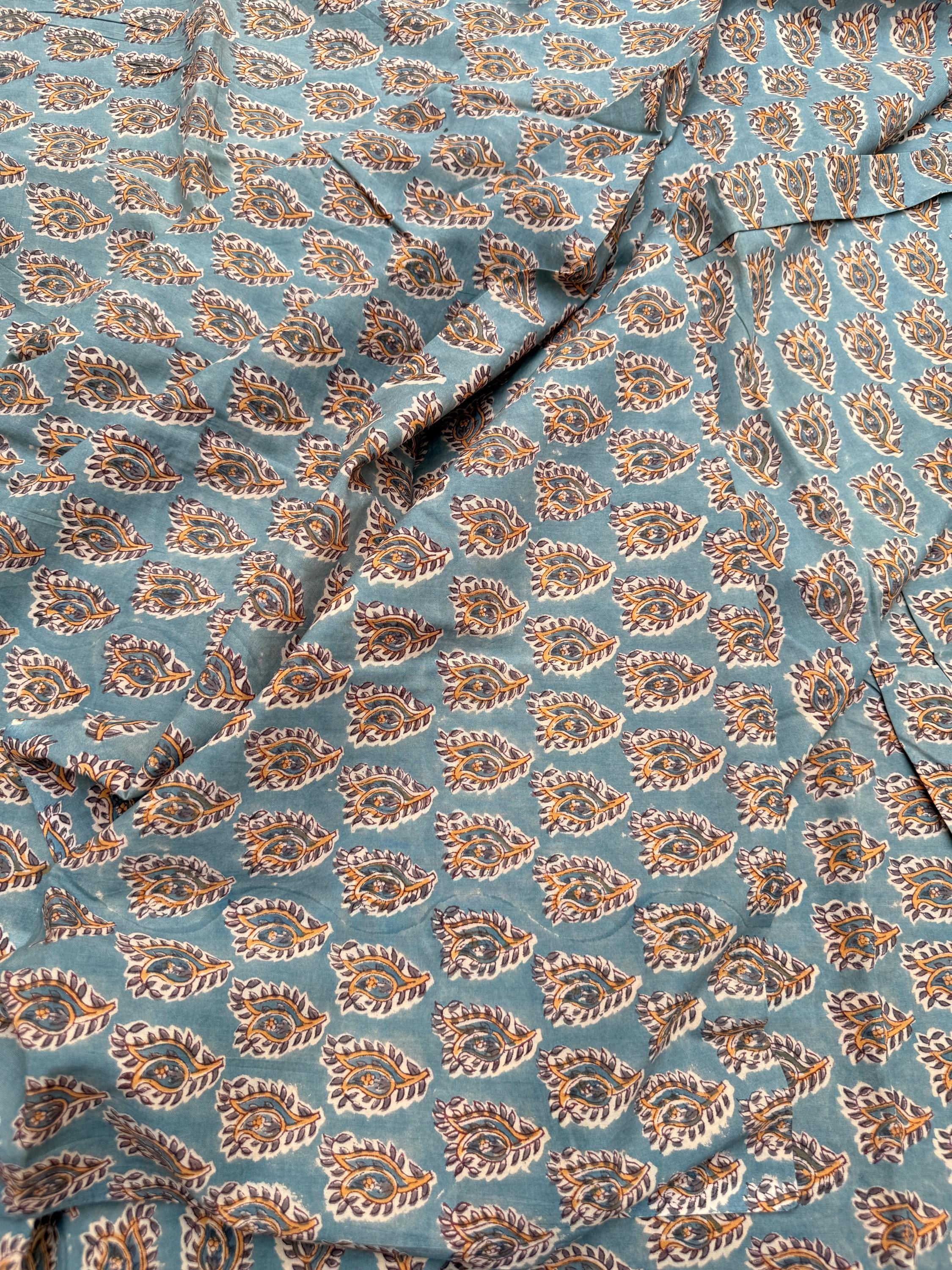 Hand Block Printed Cotton Fabric – Green Paisley Running Fabric – Indian Floral Yardage – Boho Sewing Fabric – Soft Breathable Cotton