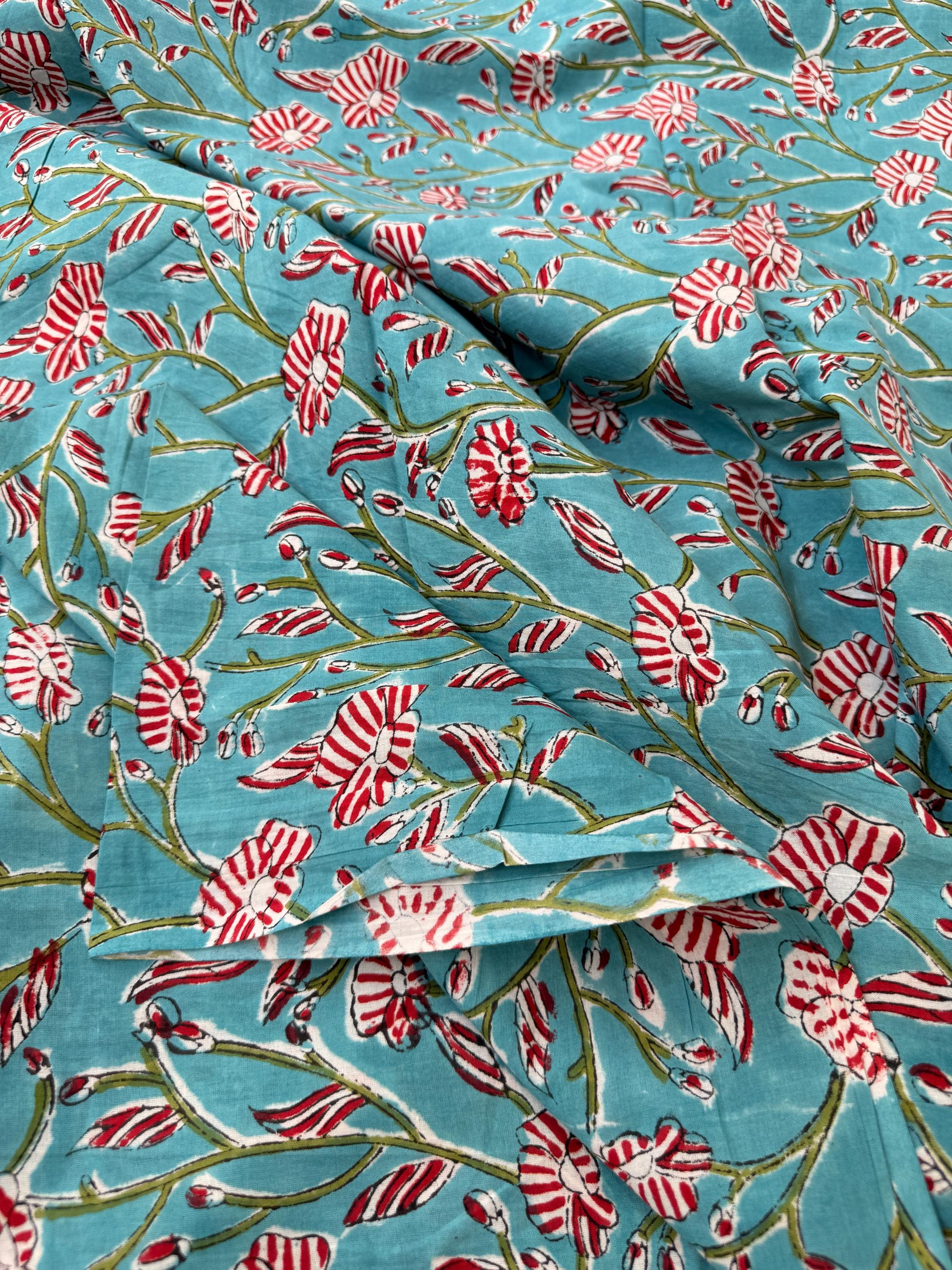 Hand Block Print Cotton Fabric, Turquoise Floral Fabric, Indian Handmade Cotton, Soft Cambric Fabric by Yard, Dressmaking & Home Decor
