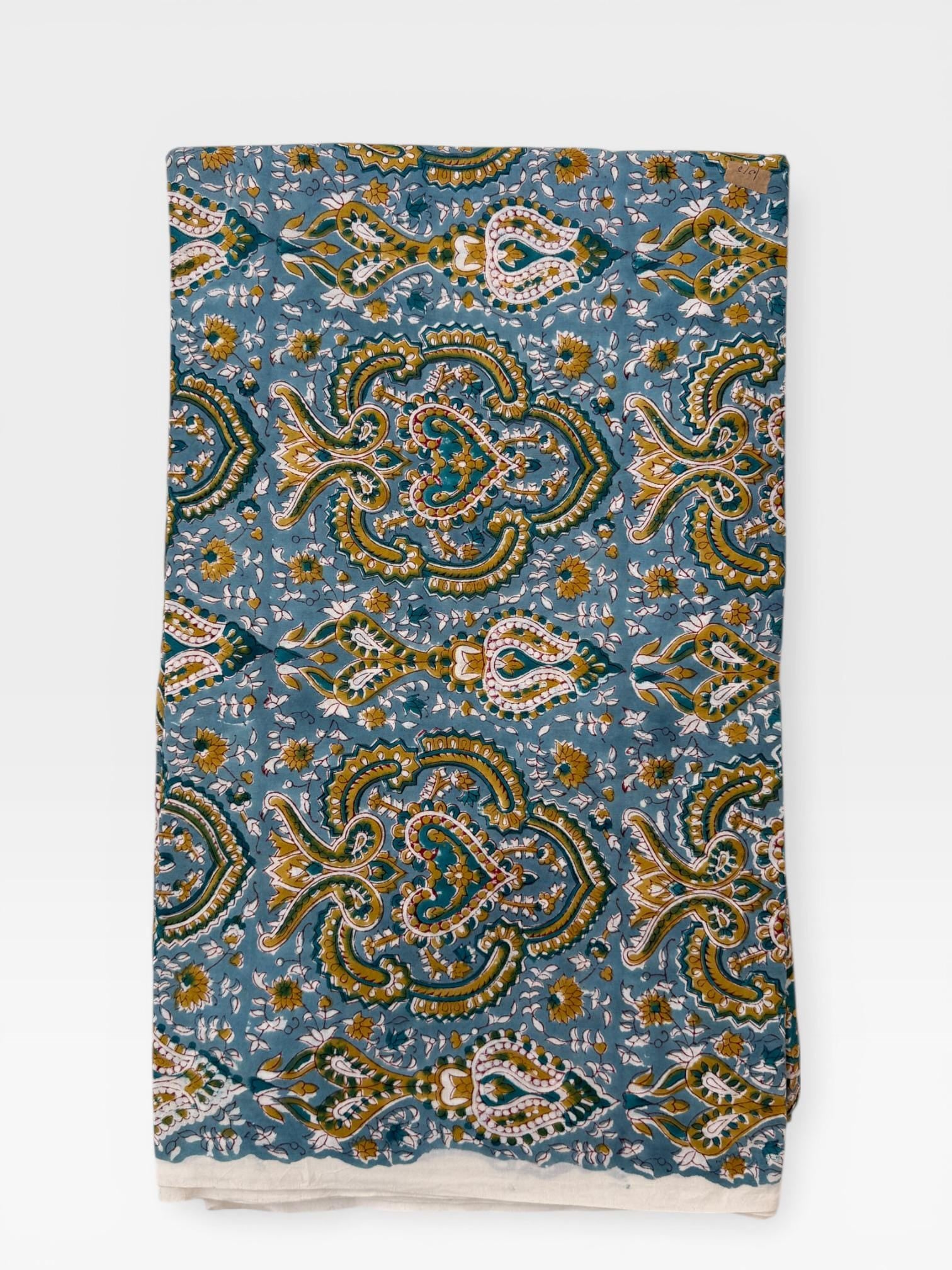 Blue Paisley Hand Block Print Cotton Fabric, Indian Floral Cambric Fabric by Yard, Boho Paisley Textile, Soft Lightweight Dressmaking Fabric