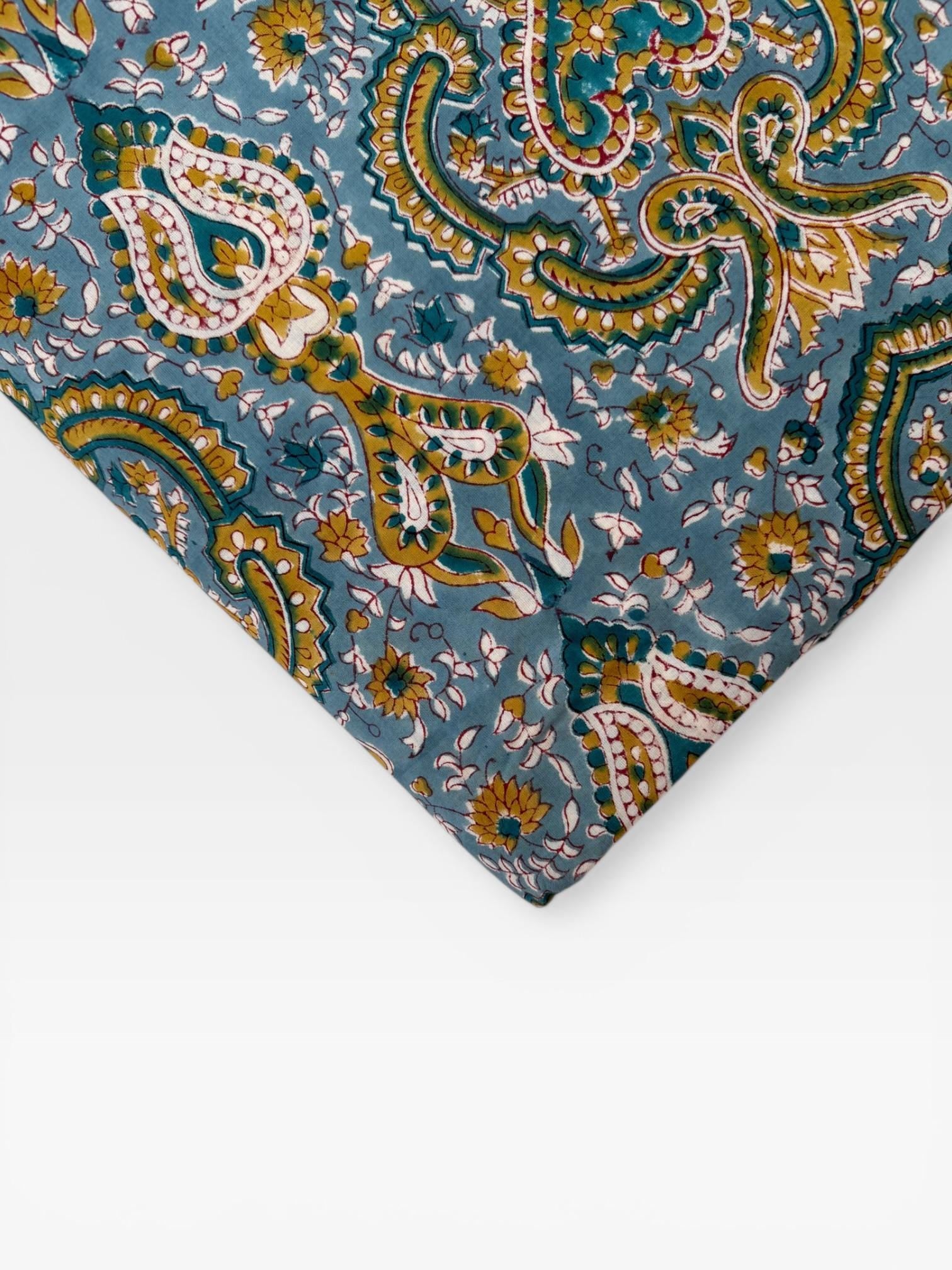 Blue Paisley Hand Block Print Cotton Fabric, Indian Floral Cambric Fabric by Yard, Boho Paisley Textile, Soft Lightweight Dressmaking Fabric