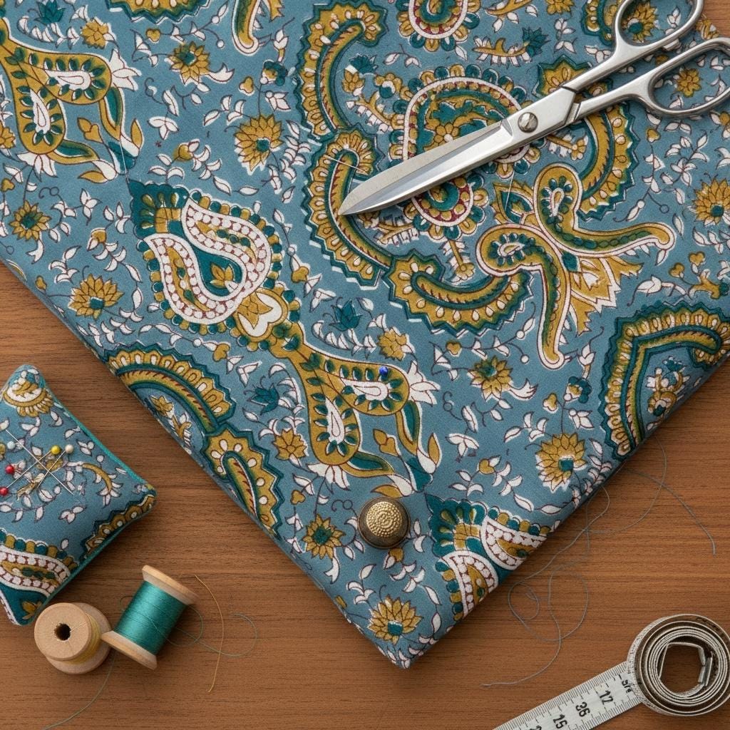 Blue Paisley Hand Block Print Cotton Fabric, Indian Floral Cambric Fabric by Yard, Boho Paisley Textile, Soft Lightweight Dressmaking Fabric