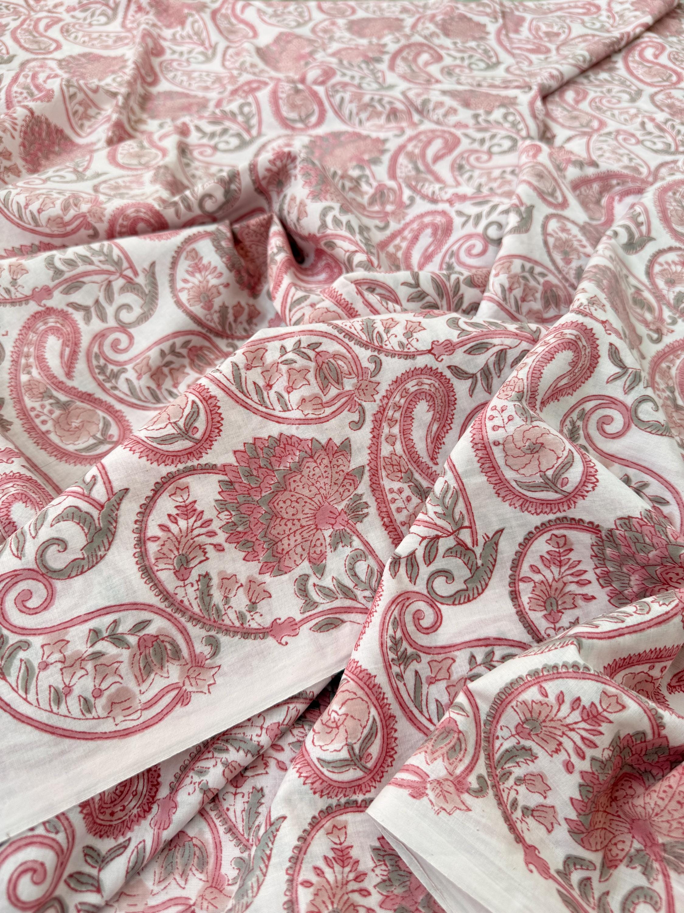 Pink Paisley Hand Block Print Cotton Fabric, Indian Floral Cambric Fabric by Yard, Soft Romantic Boho Textile, Dressmaking & Home Decor