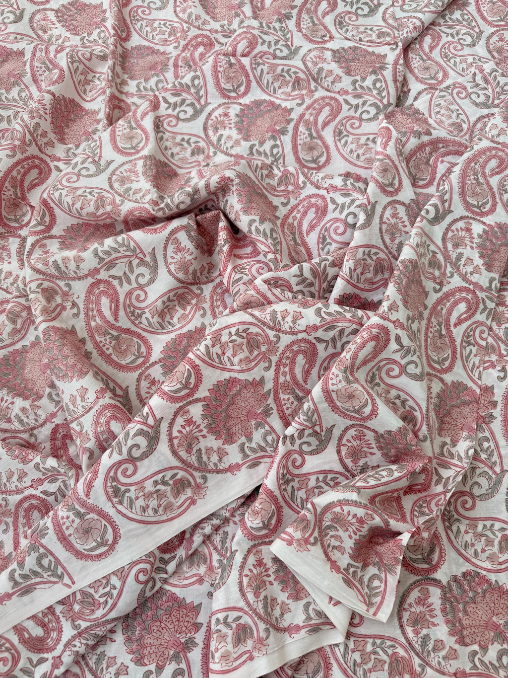 Pink Paisley Hand Block Print Cotton Fabric, Indian Floral Cambric Fabric by Yard, Soft Romantic Boho Textile, Dressmaking & Home Decor