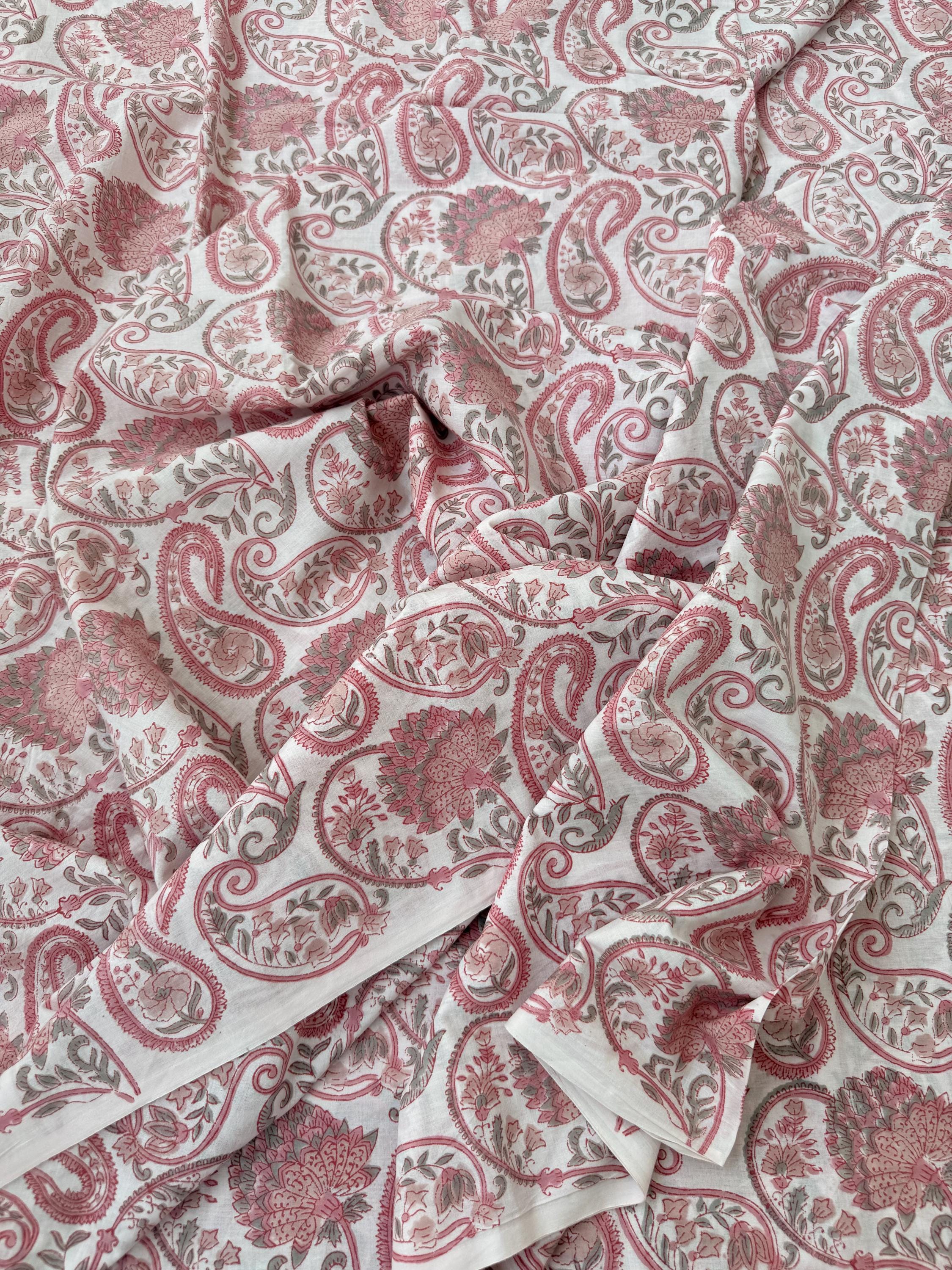 Pink Paisley Hand Block Print Cotton Fabric, Indian Floral Cambric Fabric by Yard, Soft Romantic Boho Textile, Dressmaking & Home Decor