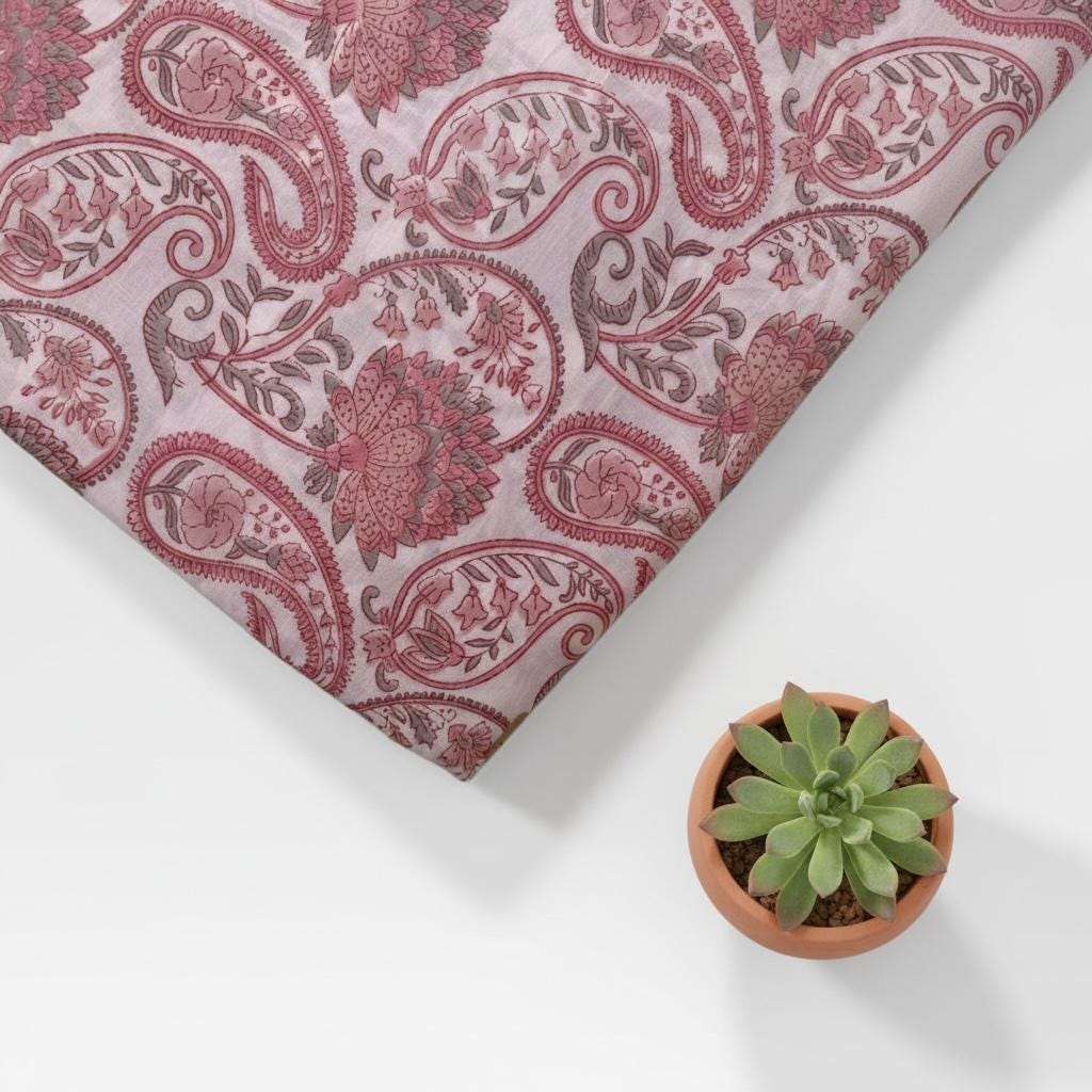 Pink Paisley Hand Block Print Cotton Fabric, Indian Floral Cambric Fabric by Yard, Soft Romantic Boho Textile, Dressmaking & Home Decor