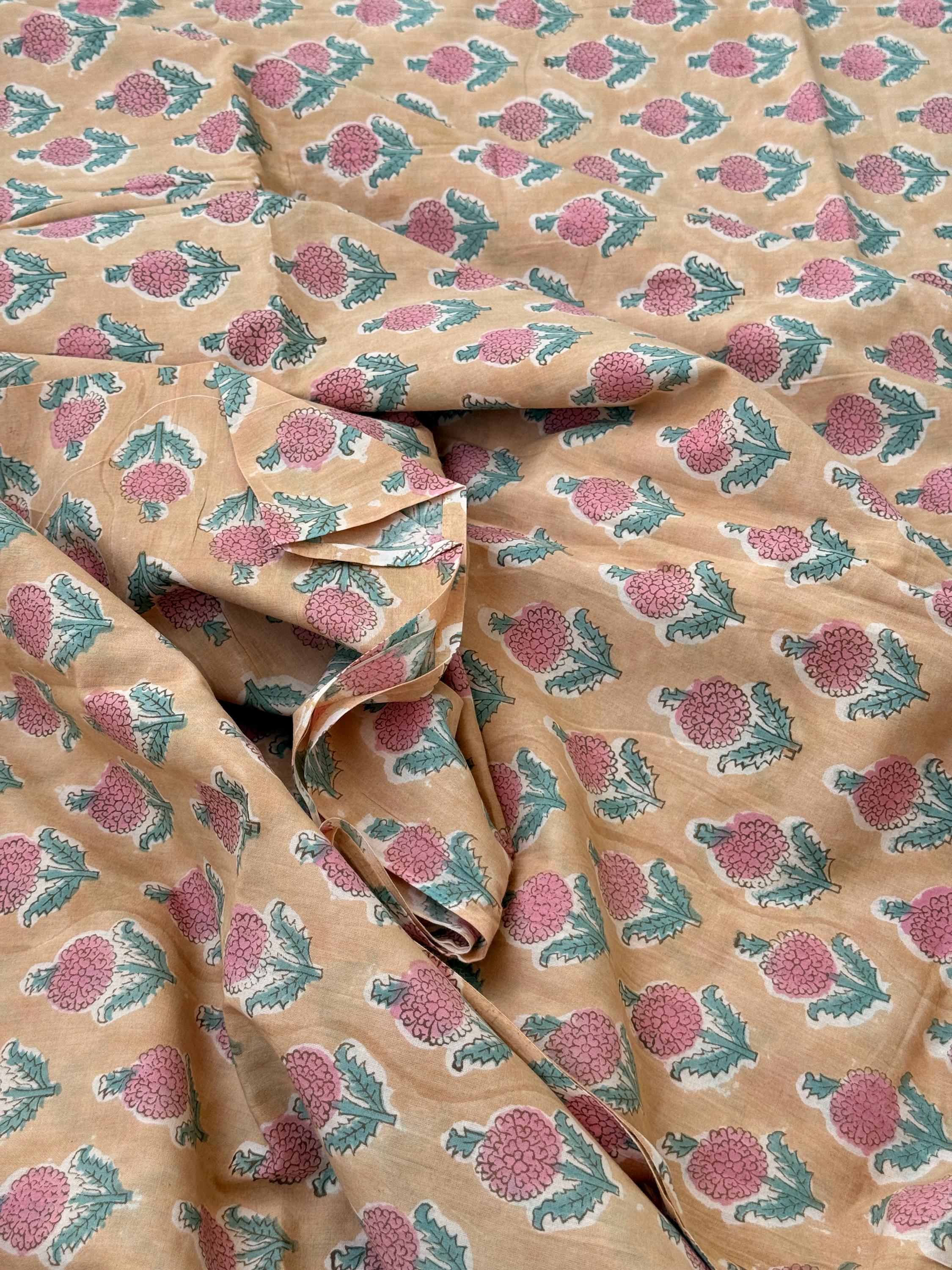 Mustard Floral Hand Block Print Cotton Fabric Indian Buti Print Cambric Fabric by Yard, Small Motif Boho Fabric, Soft Dressmaking & Quilting