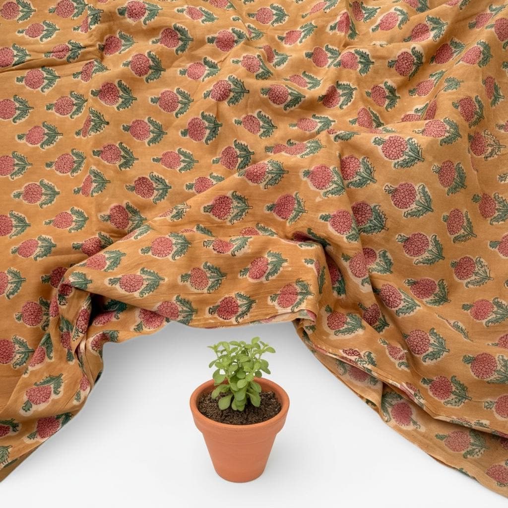 Mustard Floral Hand Block Print Cotton Fabric Indian Buti Print Cambric Fabric by Yard, Small Motif Boho Fabric, Soft Dressmaking & Quilting