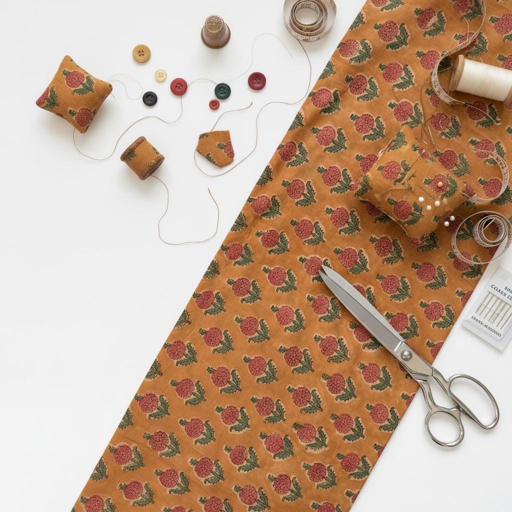 Mustard Floral Hand Block Print Cotton Fabric Indian Buti Print Cambric Fabric by Yard, Small Motif Boho Fabric, Soft Dressmaking & Quilting