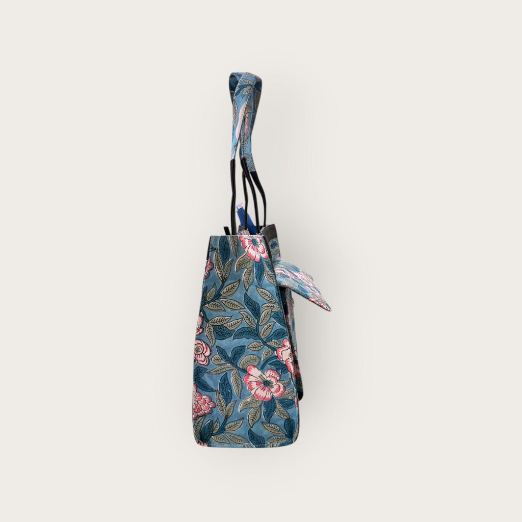 Handmade Block Print Tote Bag, Blue Floral Cotton Shoulder Bag, Waterproof Lining Tote, Multi Pocket Everyday Bag, Travel & Work Organizer