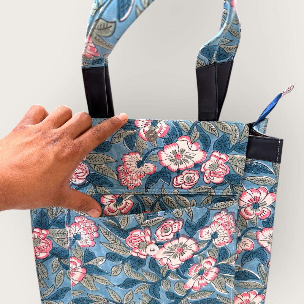 Handmade Block Print Tote Bag, Blue Floral Cotton Shoulder Bag, Waterproof Lining Tote, Multi Pocket Everyday Bag, Travel & Work Organizer