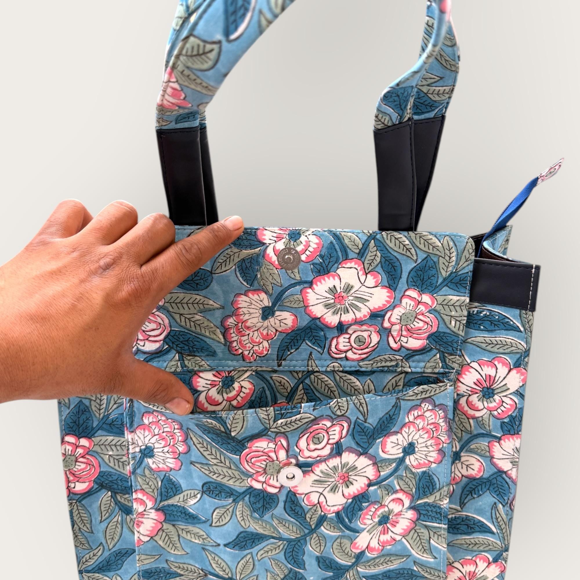 Handmade Block Print Tote Bag, Blue Floral Cotton Shoulder Bag, Waterproof Lining Tote, Multi Pocket Everyday Bag, Travel & Work Organizer