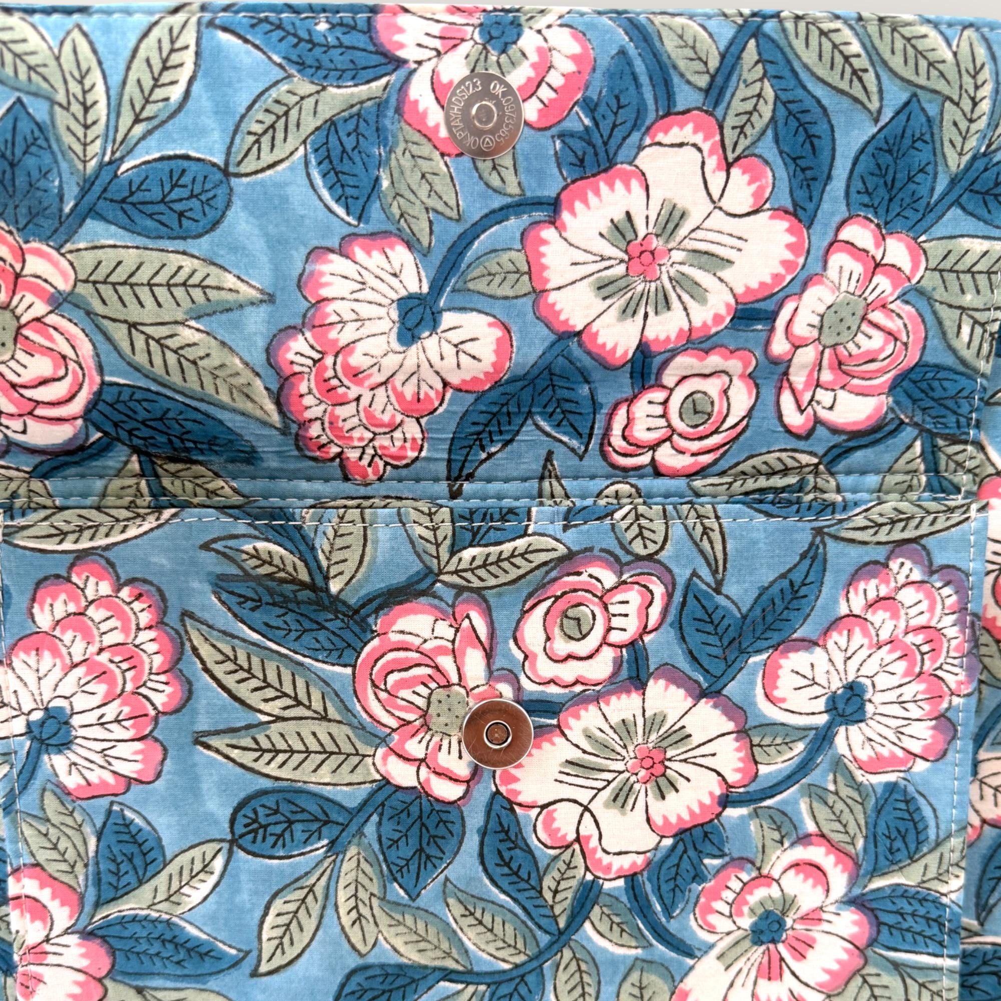 Handmade Block Print Tote Bag, Blue Floral Cotton Shoulder Bag, Waterproof Lining Tote, Multi Pocket Everyday Bag, Travel & Work Organizer