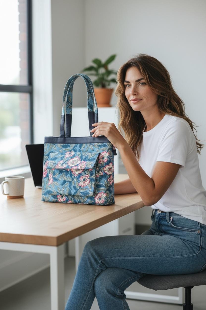 Handmade Block Print Tote Bag, Blue Floral Cotton Shoulder Bag, Waterproof Lining Tote, Multi Pocket Everyday Bag, Travel & Work Organizer