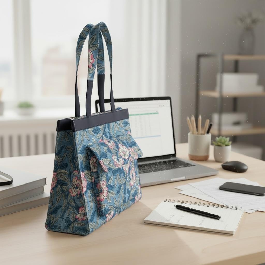 Handmade Block Print Tote Bag, Blue Floral Cotton Shoulder Bag, Waterproof Lining Tote, Multi Pocket Everyday Bag, Travel & Work Organizer