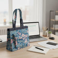 Handmade Block Print Tote Bag, Blue Floral Cotton Shoulder Bag, Waterproof Lining Tote, Multi Pocket Everyday Bag, Travel & Work Organizer