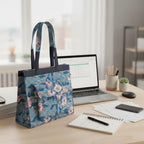 Handmade Block Print Tote Bag, Blue Floral Cotton Shoulder Bag, Waterproof Lining Tote, Multi Pocket Everyday Bag, Travel & Work Organizer