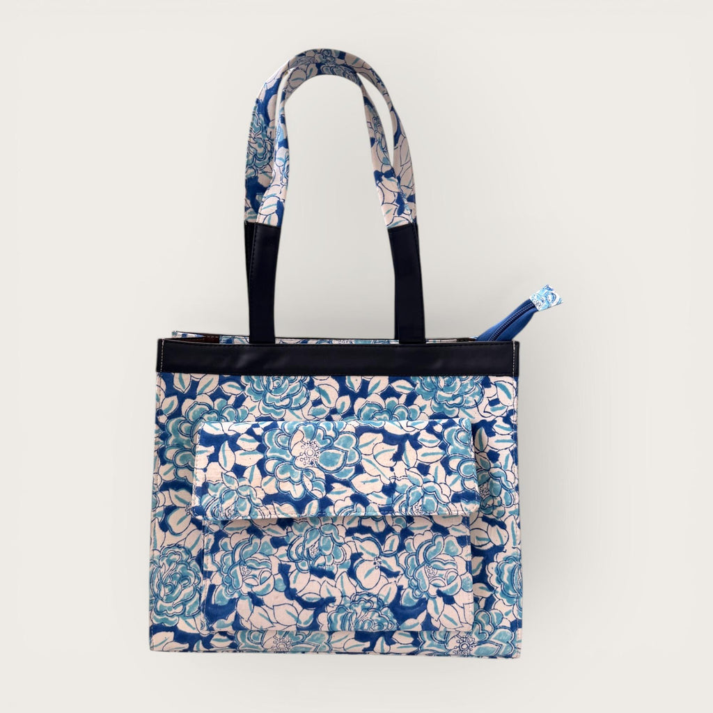 Blue Floral Block Print Tote Bag, Handmade Cotton Handbag, Waterproof Lined Tote, Large Capacity Everyday Bag, Gift for Her, office bag