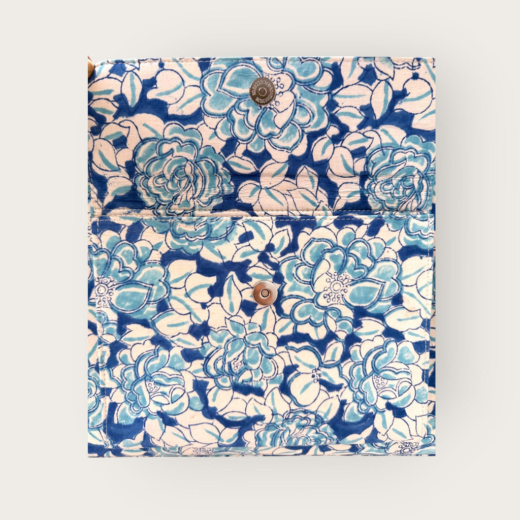 Blue Floral Block Print Tote Bag, Handmade Cotton Handbag, Waterproof Lined Tote, Large Capacity Everyday Bag, Gift for Her, office bag
