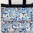 Blue Floral Block Print Tote Bag, Handmade Cotton Handbag, Waterproof Lined Tote, Large Capacity Everyday Bag, Gift for Her, office bag