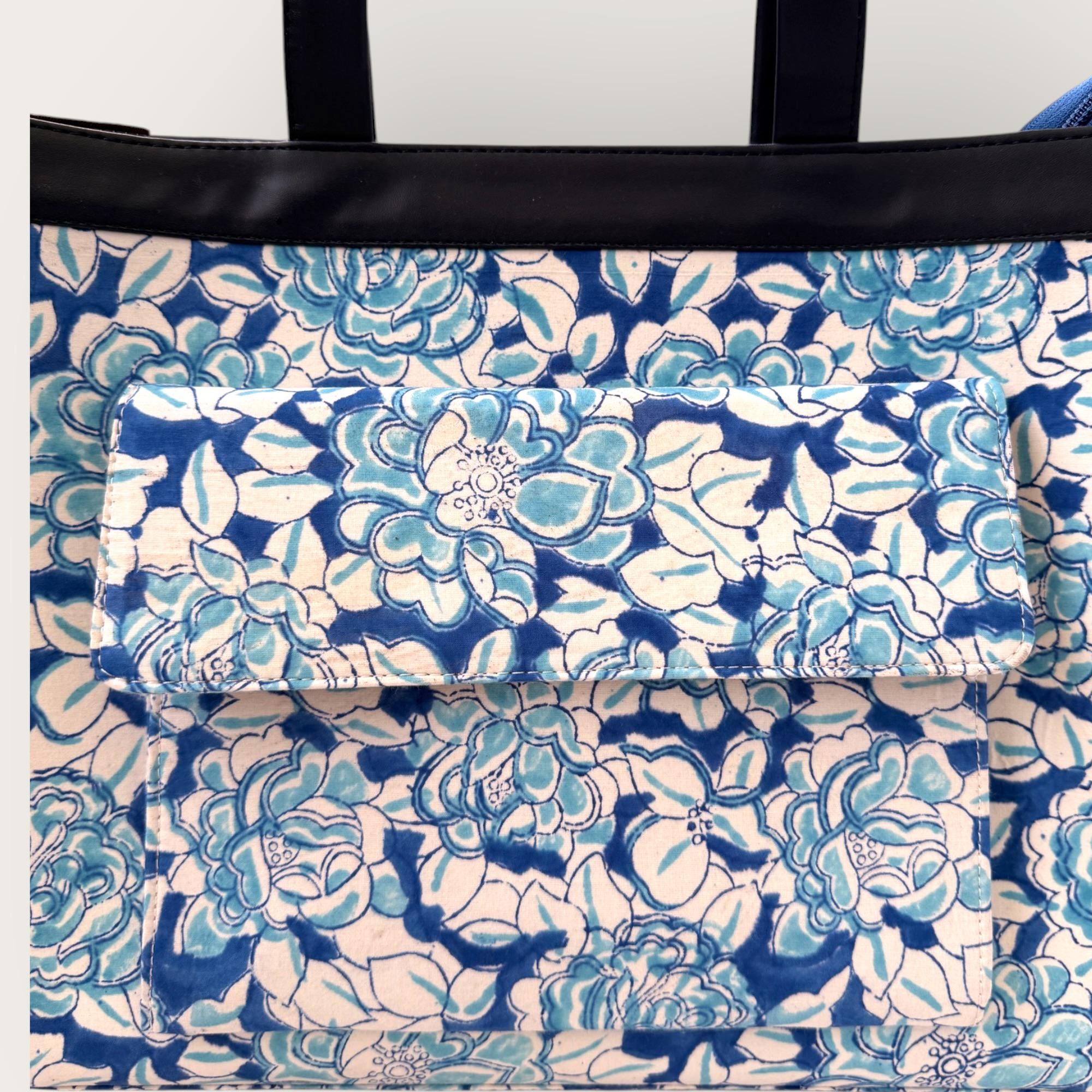 Blue Floral Block Print Tote Bag, Handmade Cotton Handbag, Waterproof Lined Tote, Large Capacity Everyday Bag, Gift for Her, office bag