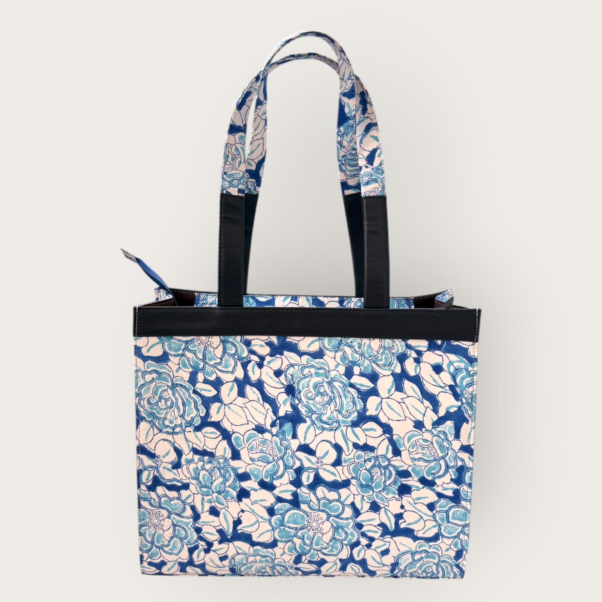Blue Floral Block Print Tote Bag, Handmade Cotton Handbag, Waterproof Lined Tote, Large Capacity Everyday Bag, Gift for Her, office bag